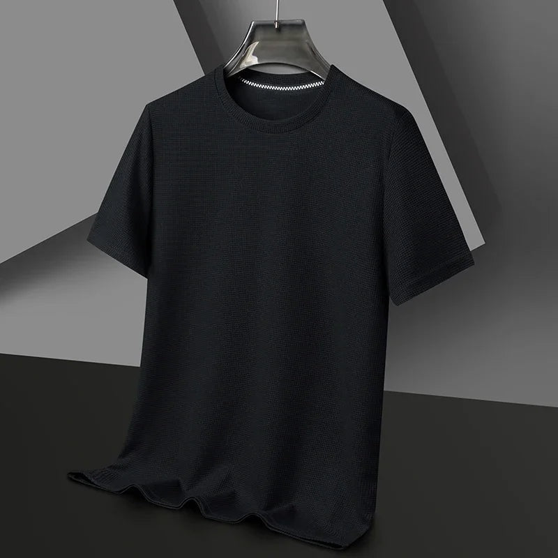 Men's waffle texture T-shirt with a crew neck - black