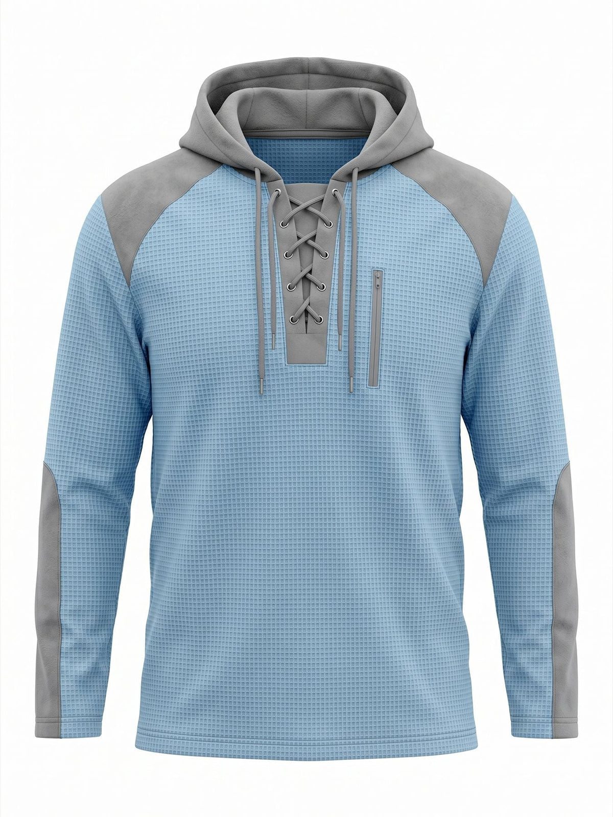 Men's waffle-texture hoodie with a lace-up neck and chest pocket - light blue