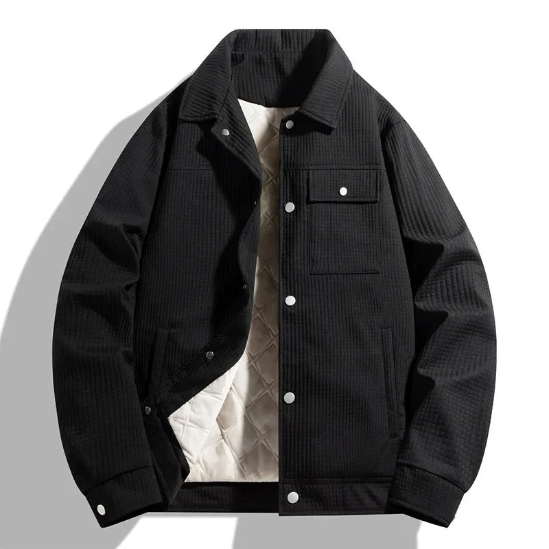 Men's waffle-texture jacket with a point collar, press studs and quilted lining - black