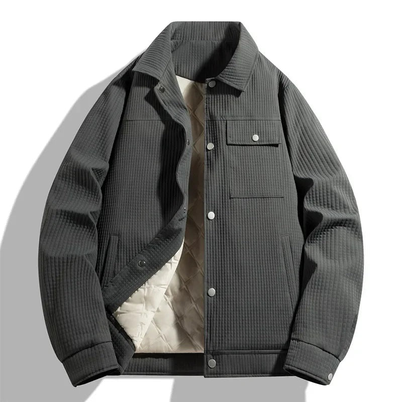 Men's waffle-texture jacket with a point collar, press studs and quilted lining - charcoal