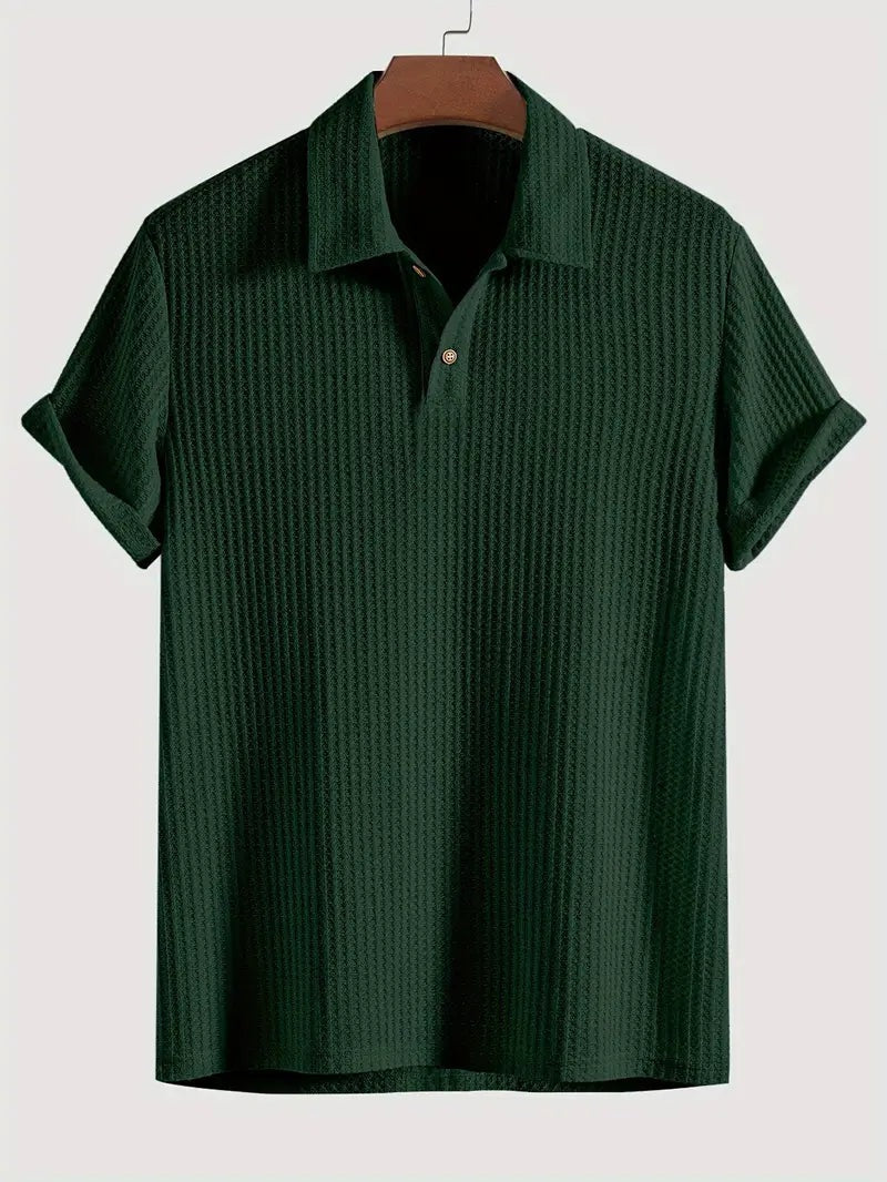 Men's waffle texture polo with a shirt collar and rolled sleeves - dark green