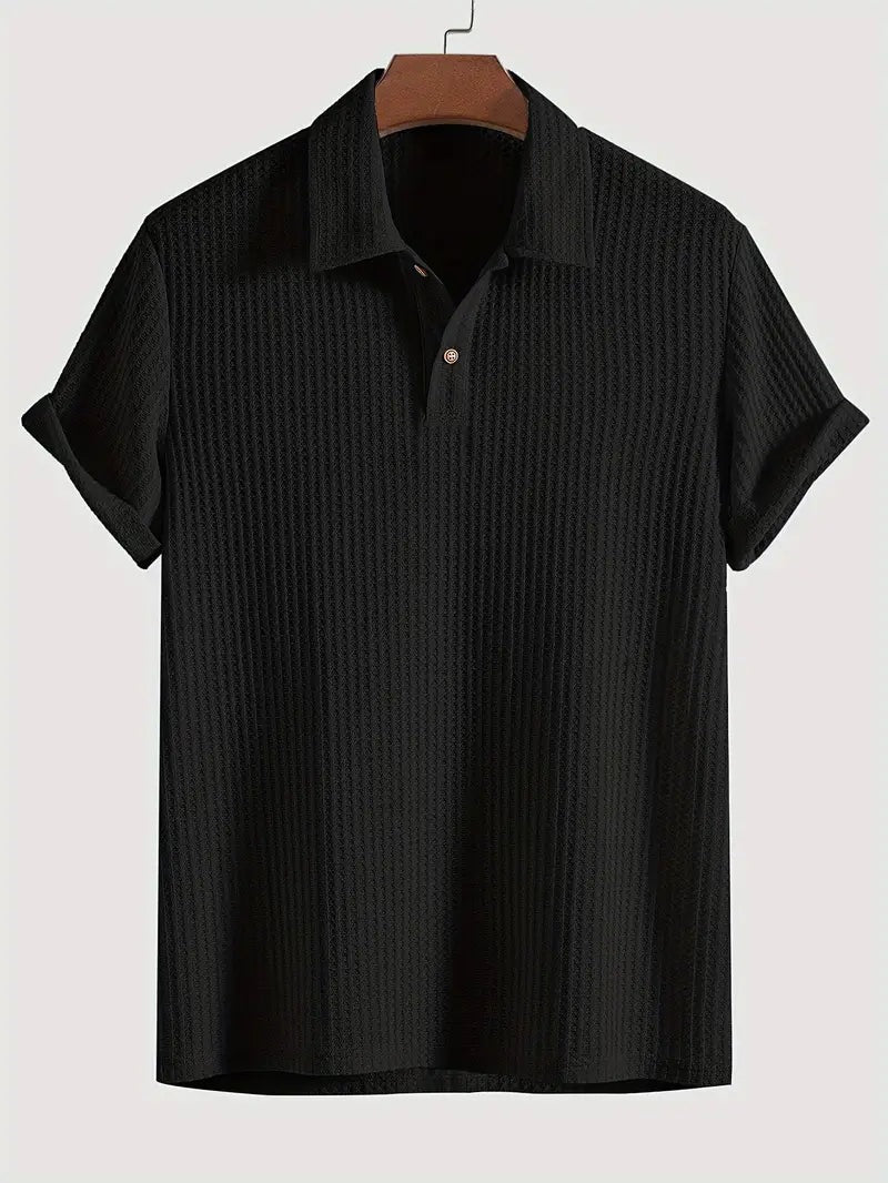 Men's waffle texture polo with a shirt collar and rolled sleeves - black