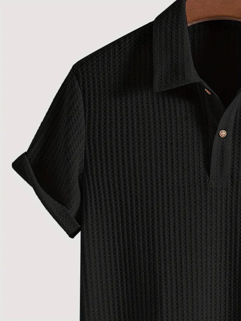 Men's waffle texture polo with a shirt collar and rolled sleeves - view 5