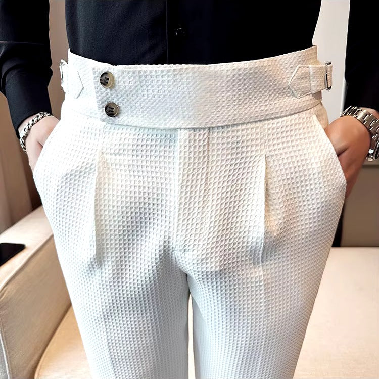 Men's waffle texture trousers with a high waist and adjustable side tabs - white
