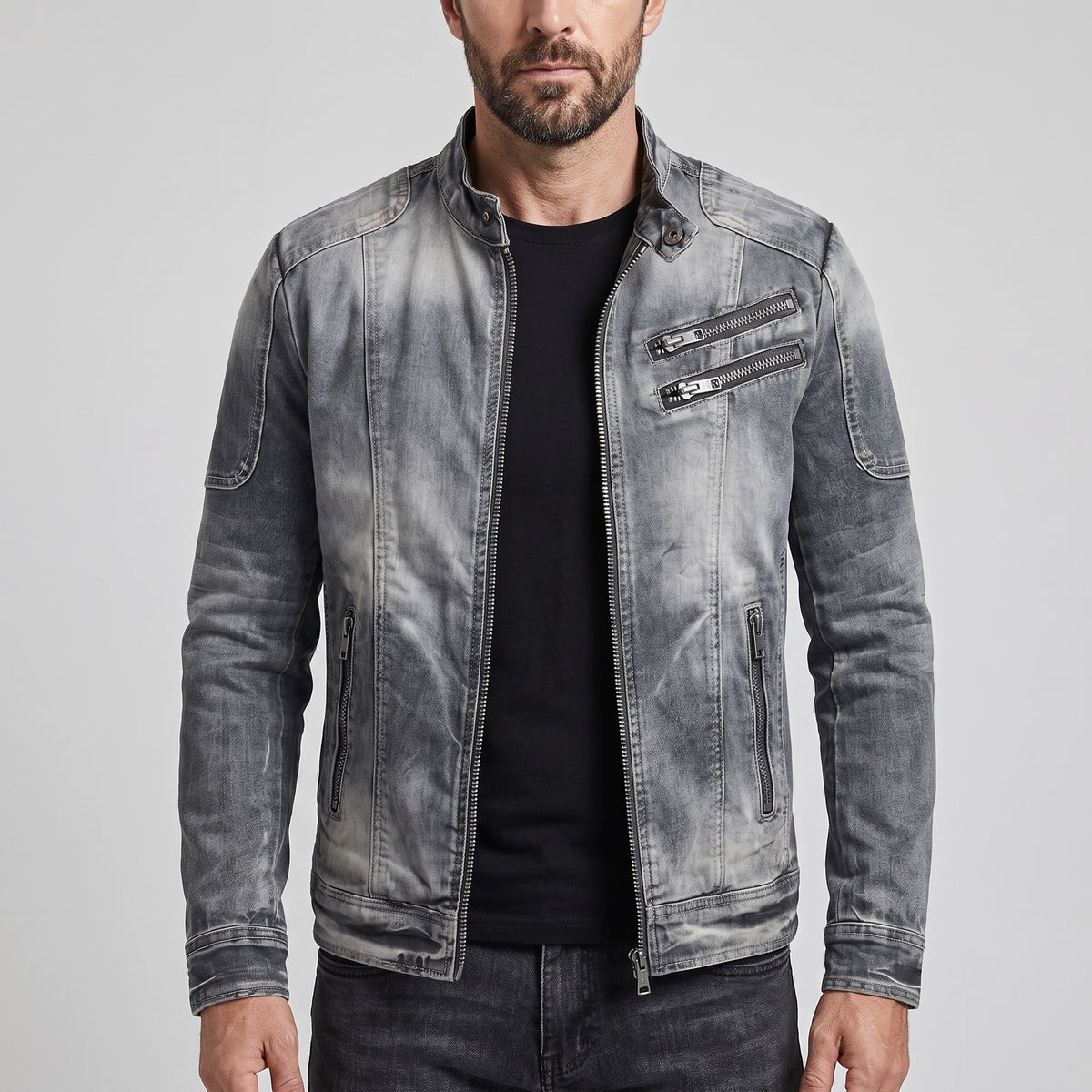 Men's washed grey denim jacket with a stand collar and angled zips - grey