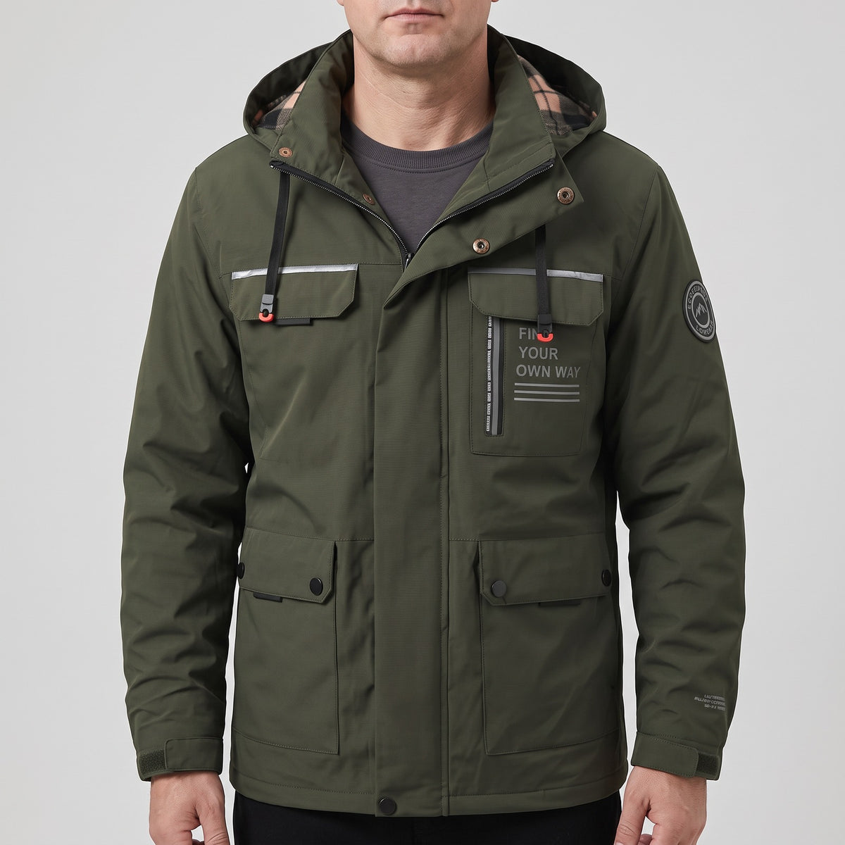 Men's water-repellent hooded jacket with flap pockets - army green