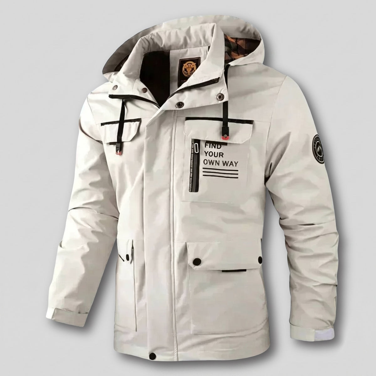 Men's water-repellent hooded jacket with flap pockets - off white