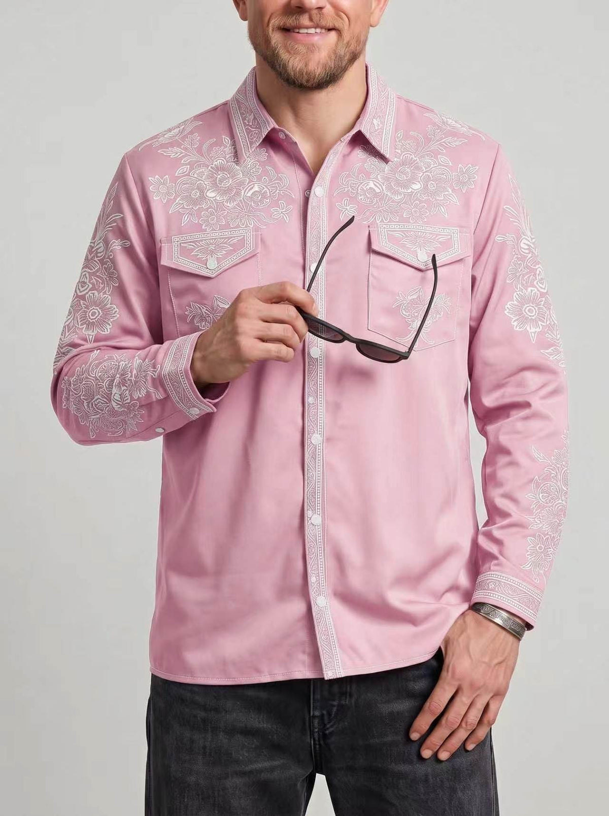 Men's western shirt with a floral print and chest pockets with flaps - pink