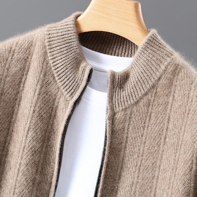 Men's wheat-ear knit zip cardigan with a ribbed stand collar - view 5
