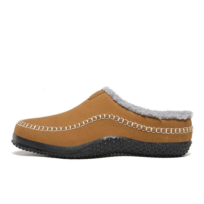 Men's mule slippers in a suede look with teddy lining and whipstitch trim along the sole - brown