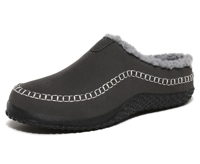 Men's mule slippers in a suede look with teddy lining and whipstitch trim along the sole - view 6