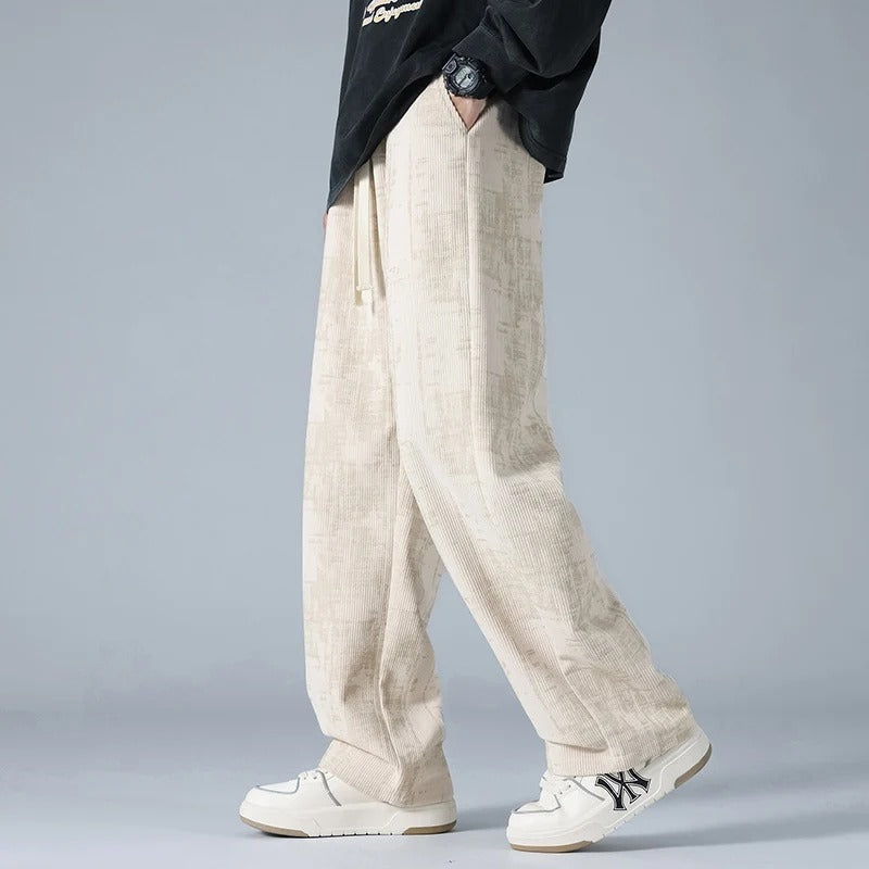 Men's wide-leg corduroy trousers with a marbled look and a drawcord waist - beige