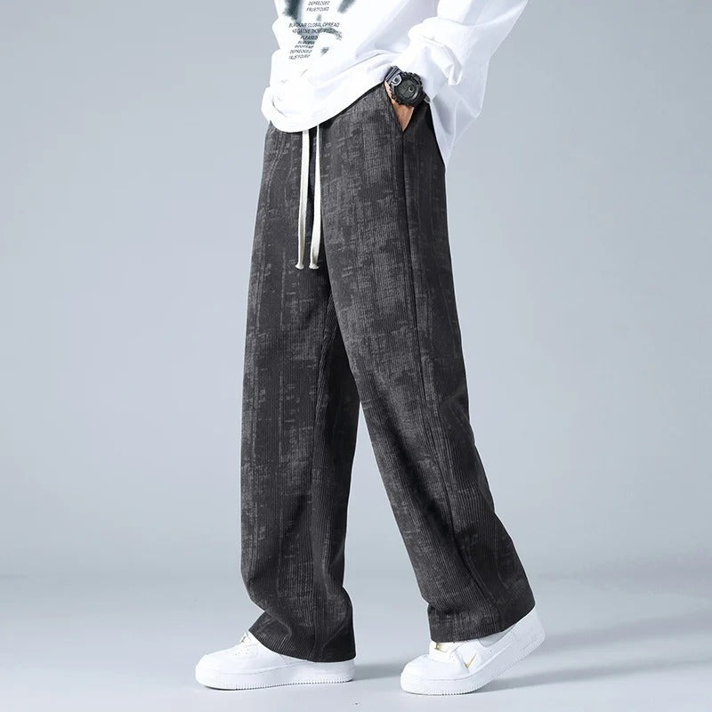 Men's wide-leg corduroy trousers with a marbled look and a drawcord waist - charcoal