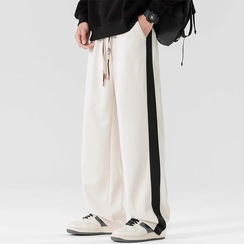 Men's wide-leg joggers with a wide contrast stripe along the outer seam and a drawcord - cream