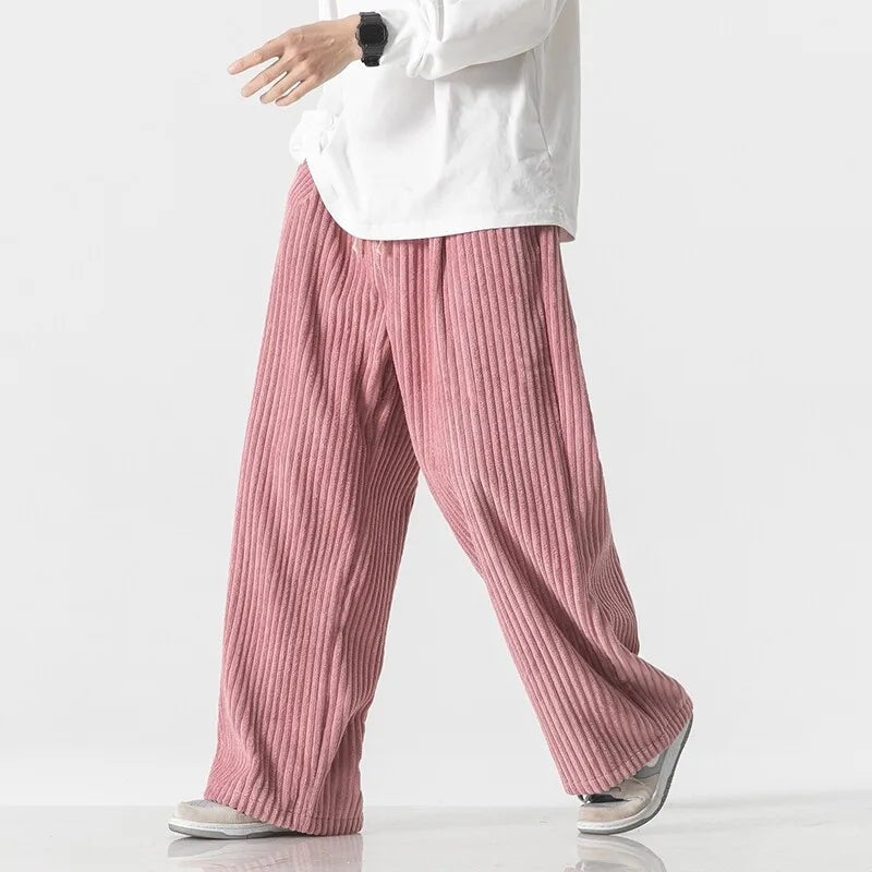 Men's wide-leg jumbo cord trousers with a drawcord waist and patch back pocket - dusty pink