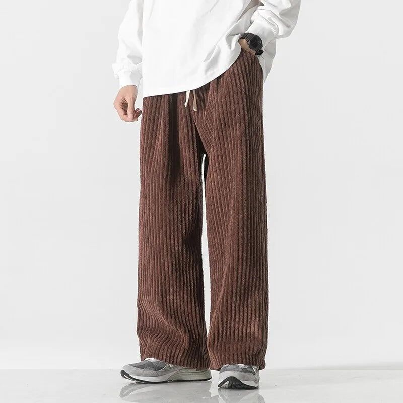 Men's wide-leg jumbo cord trousers with a drawcord waist and patch back pocket - brown