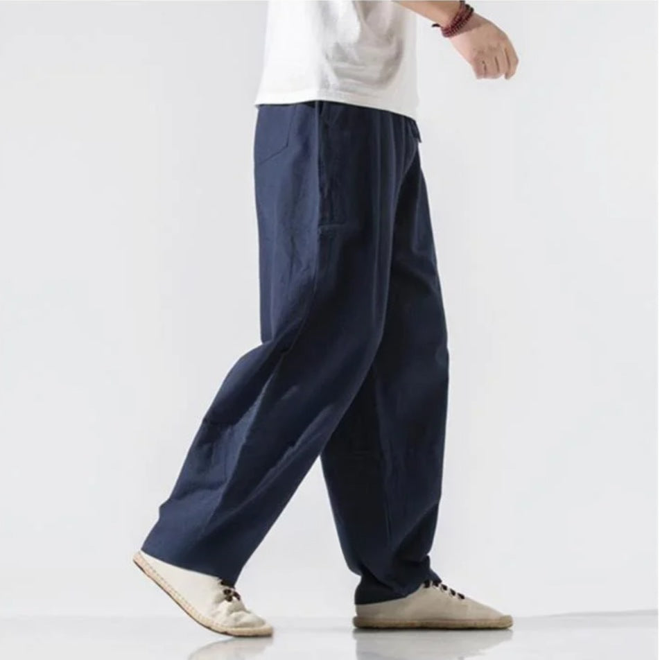 Men's wide-leg linen blend trousers with an elasticated drawstring waist and pleats - view 4
