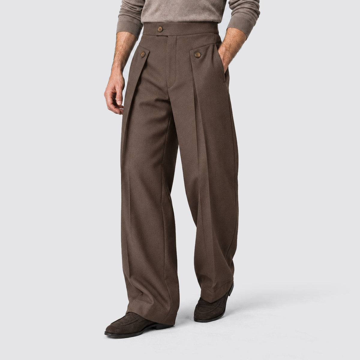 Men's wide-leg pleated trousers with a high waist and buttoned tabs - brown