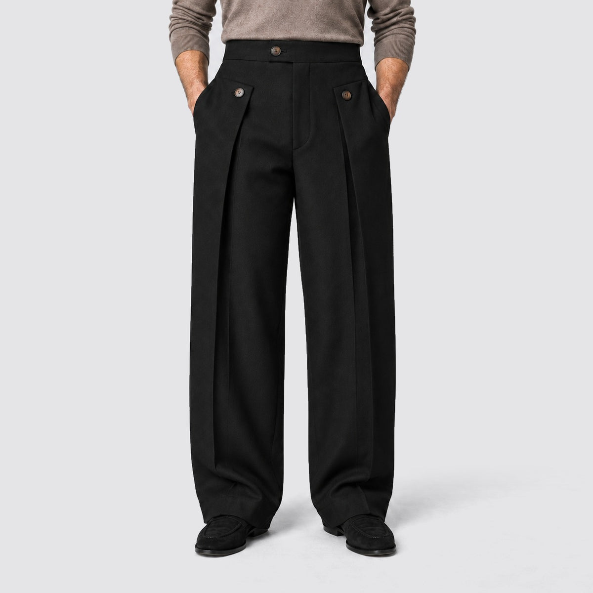 Men's wide-leg pleated trousers with a high waist and buttoned tabs - view 2