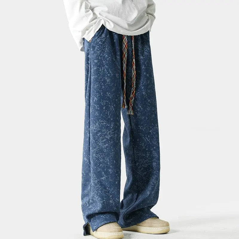 Men's wide-leg trousers with a washed mottled print, braided drawcord and split hems - view 2