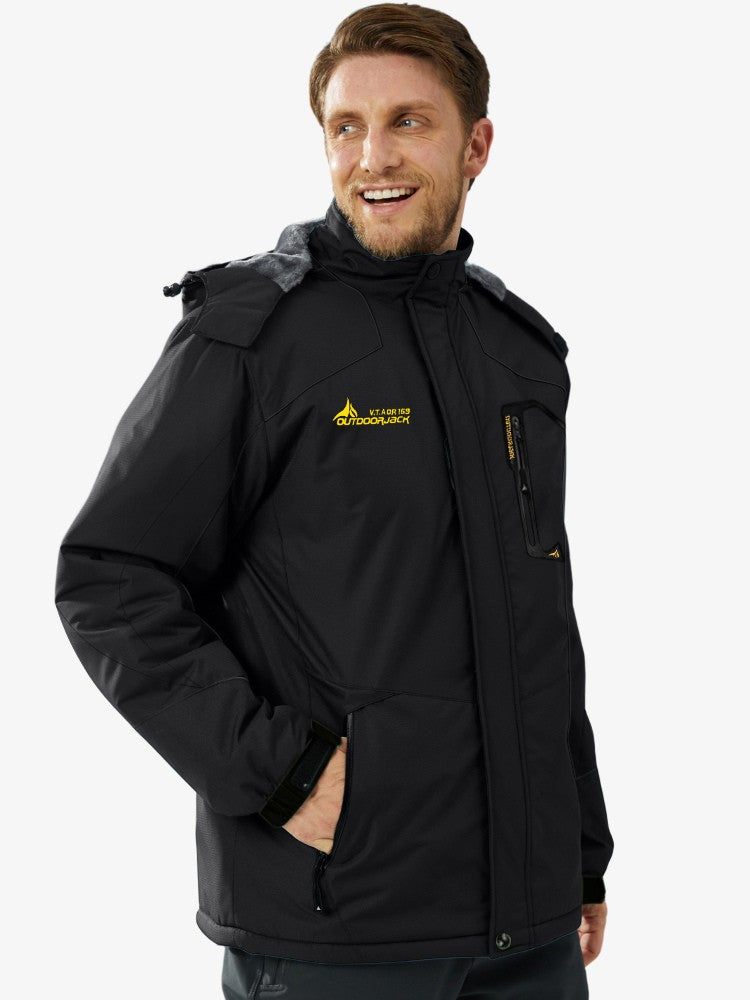 Men's ski jacket with a plush lining, a hood and zipped pockets - black