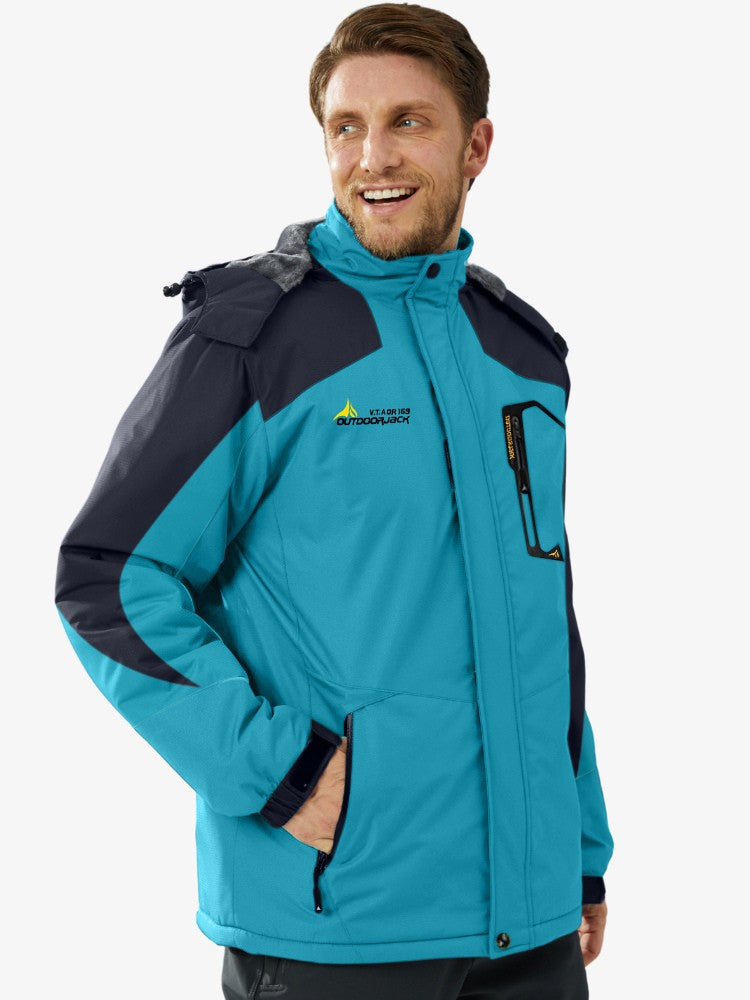 Men's ski jacket with a plush lining, a hood and zipped pockets - turquoise
