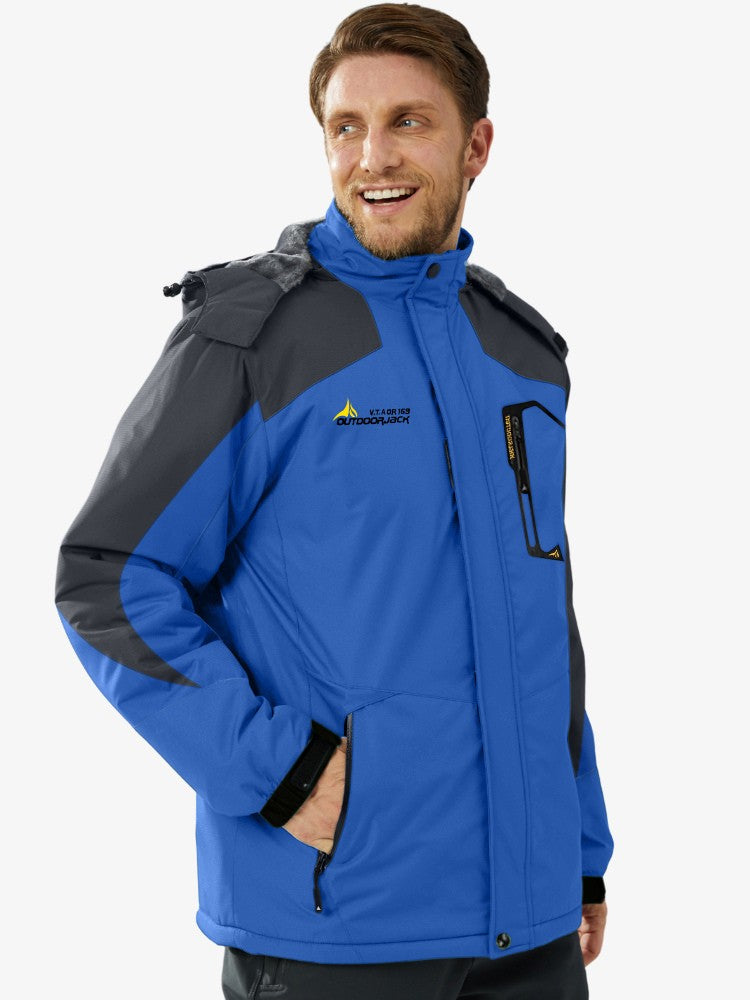 Men's ski jacket with a plush lining, a hood and zipped pockets - cobalt blue