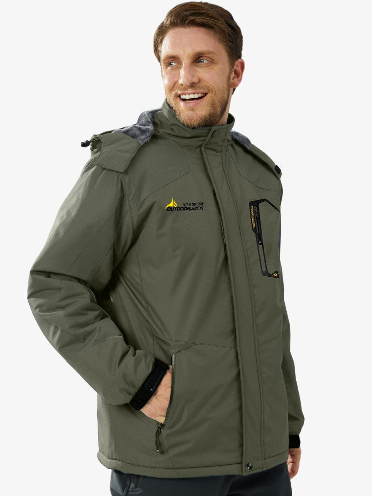 Men's ski jacket with a plush lining, a hood and zipped pockets - army green