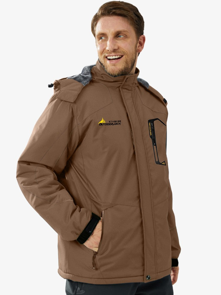 Men's ski jacket with a plush lining, a hood and zipped pockets - brown