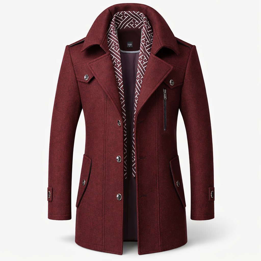 Men's wool-blend coat with an attached patterned scarf and epaulettes - wine
