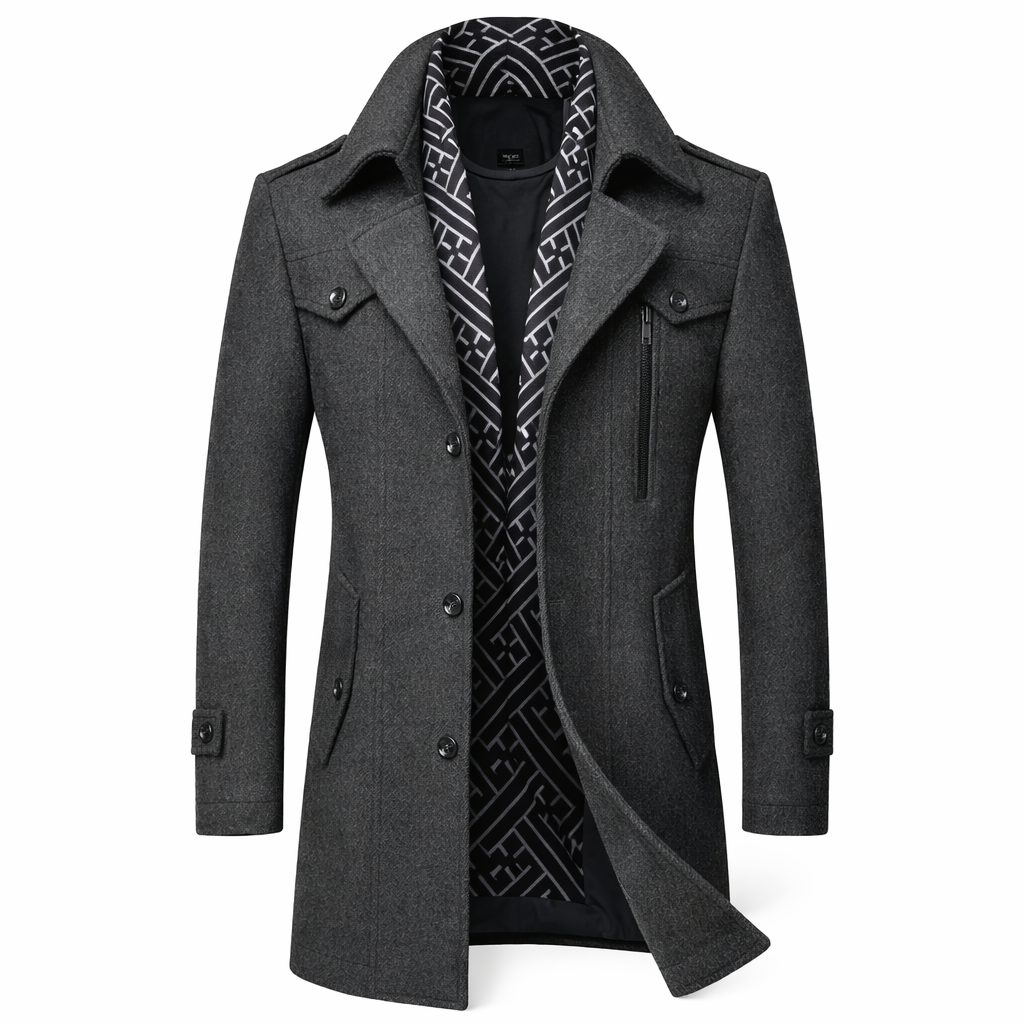 Men's wool-blend coat with an attached patterned scarf and epaulettes - grey