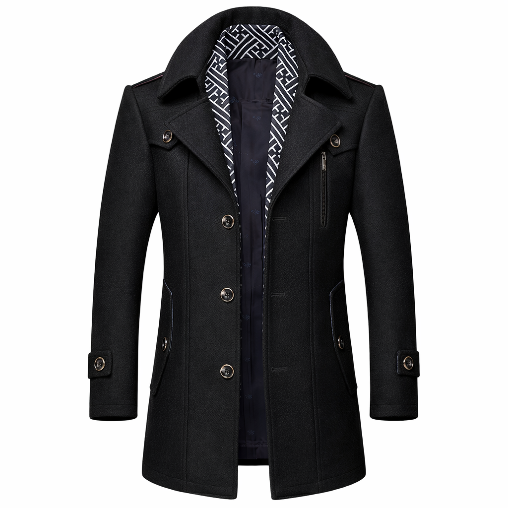 Men's wool-blend coat with an attached patterned scarf and epaulettes - black