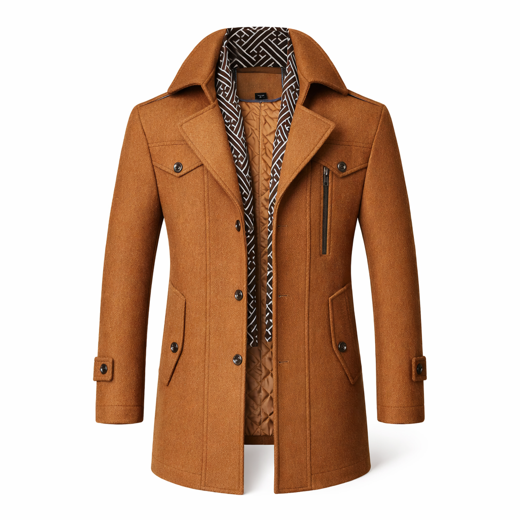 Men's wool-blend coat with an attached patterned scarf and epaulettes - camel