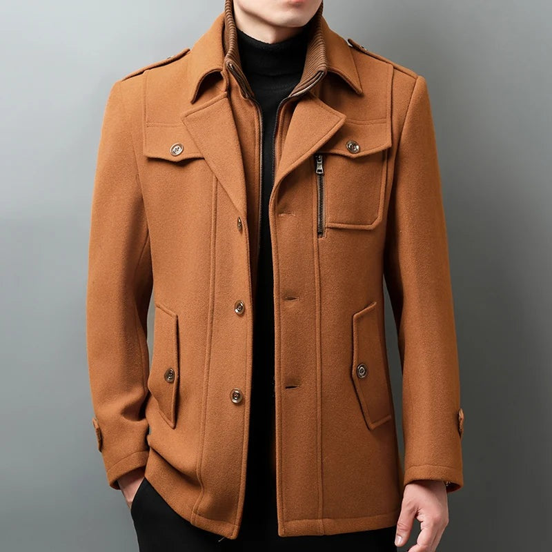 Men's wool-look coat with a knitted zip bib and epaulettes - camel