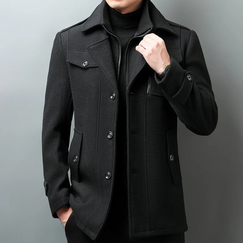 Men's wool-look coat with a knitted zip bib and epaulettes - black