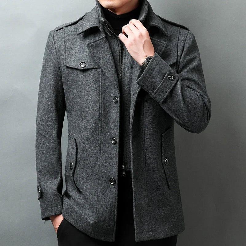 Men's wool-look coat with a knitted zip bib and epaulettes - view 7