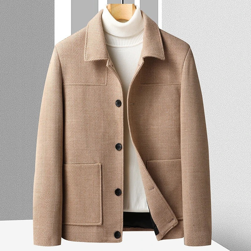 Men's wool-look herringbone jacket with a shirt collar and patch pockets - camel