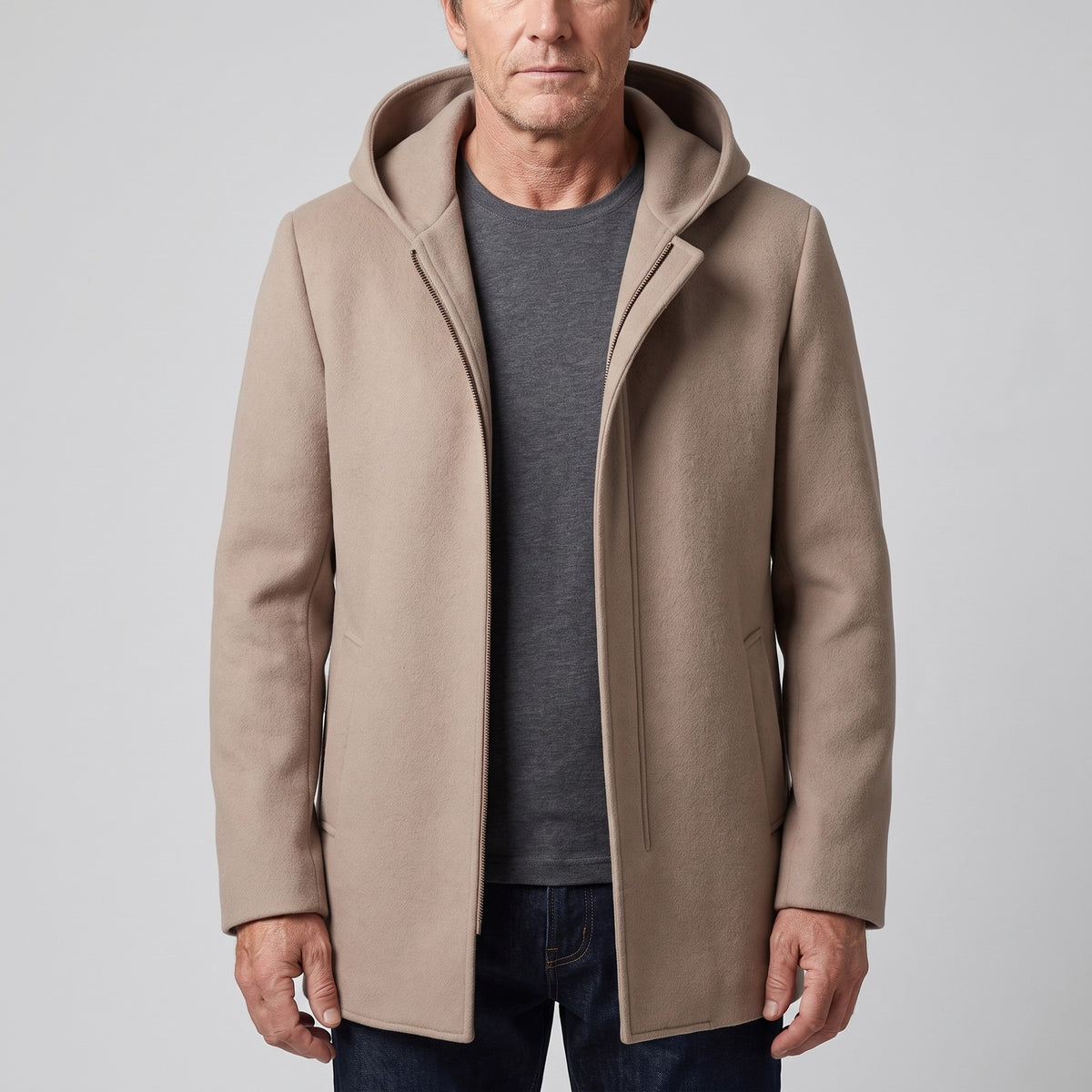 Men's mid-length wool-look hooded coat with a zip front - taupe