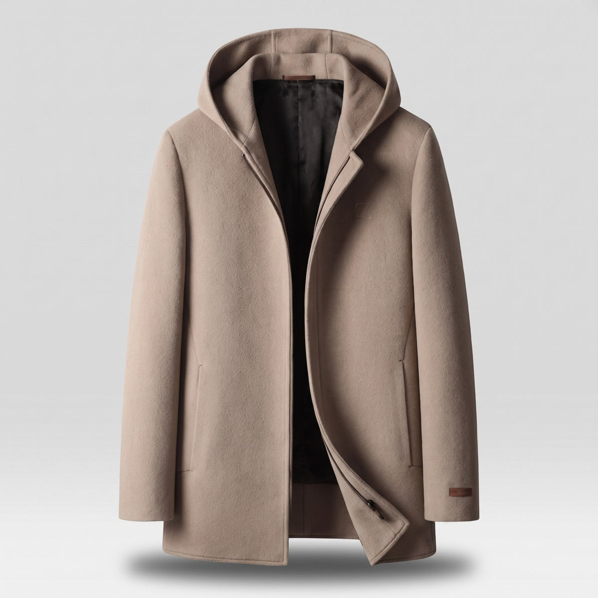 Men's mid-length wool-look hooded coat with a zip front - taupe