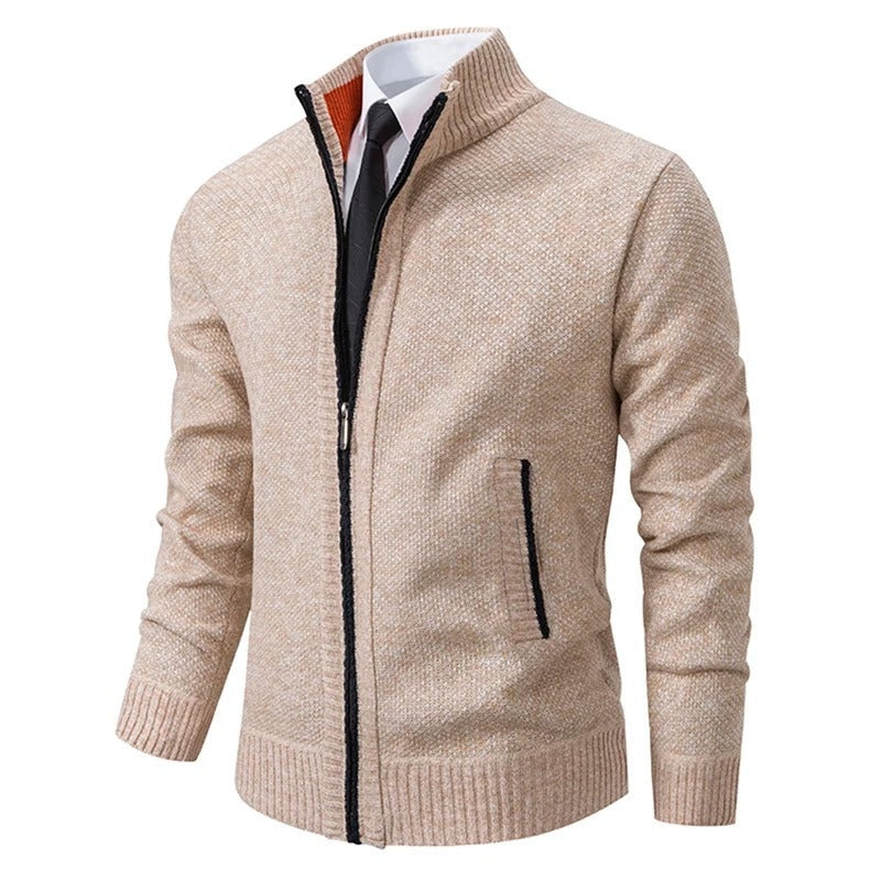 Men's wool-look zip cardigan with a stand collar - cream