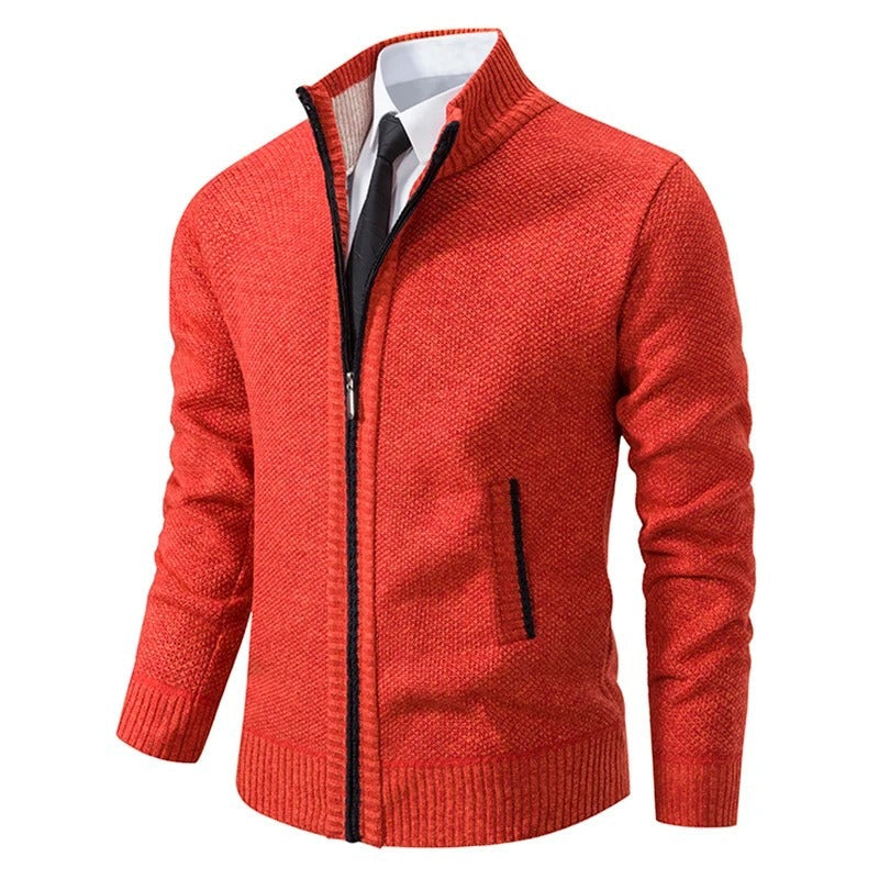Men's wool-look zip cardigan with a stand collar - orange red