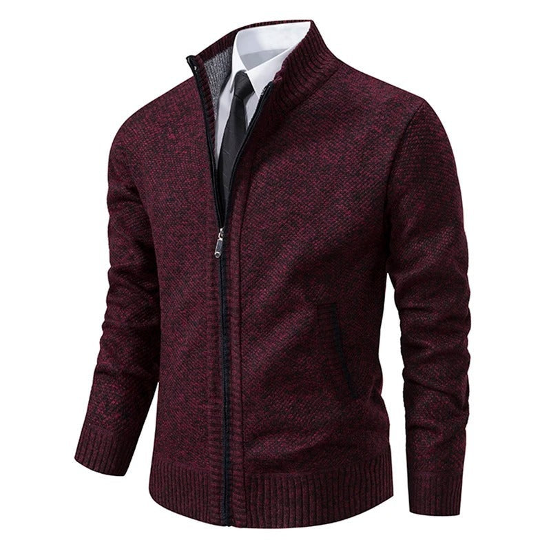 Men's wool-look zip cardigan with a stand collar - burgundy