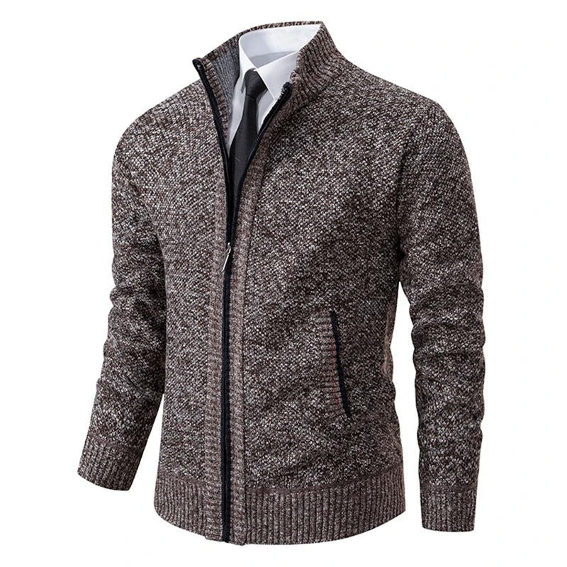 Men's wool-look zip cardigan with a stand collar - brown