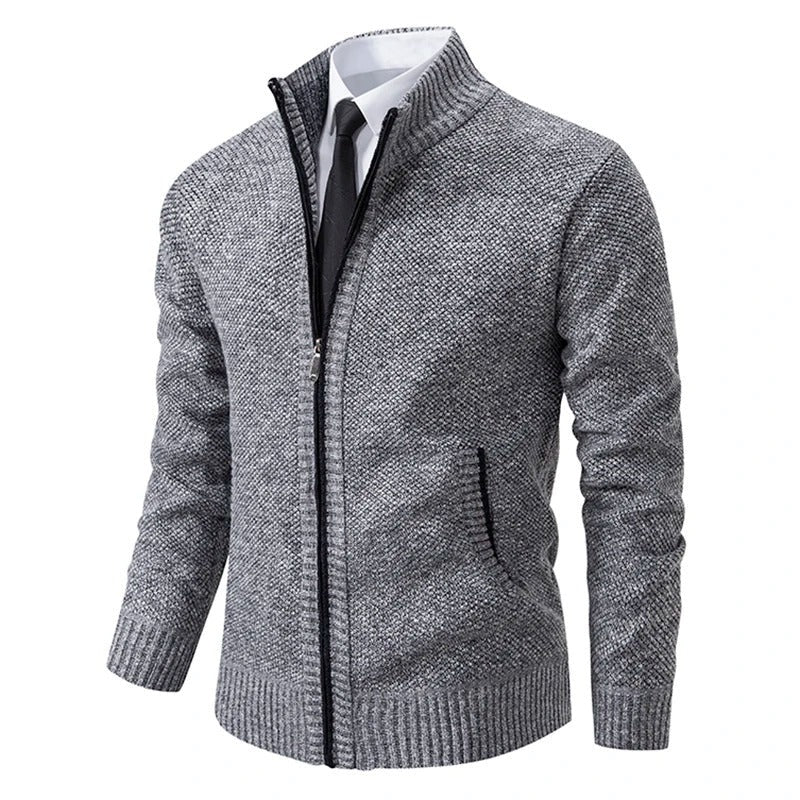 Men's wool-look zip cardigan with a stand collar - light grey