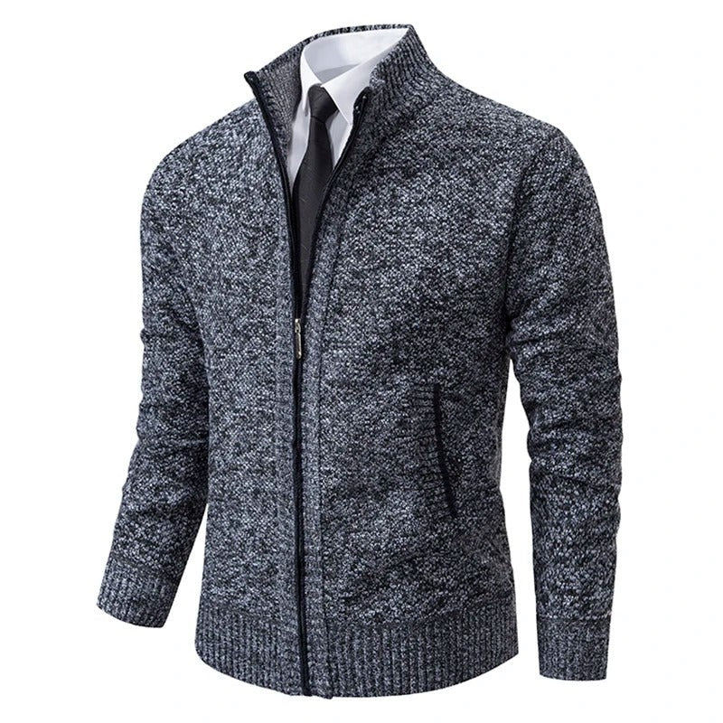Men's wool-look zip cardigan with a stand collar - navy