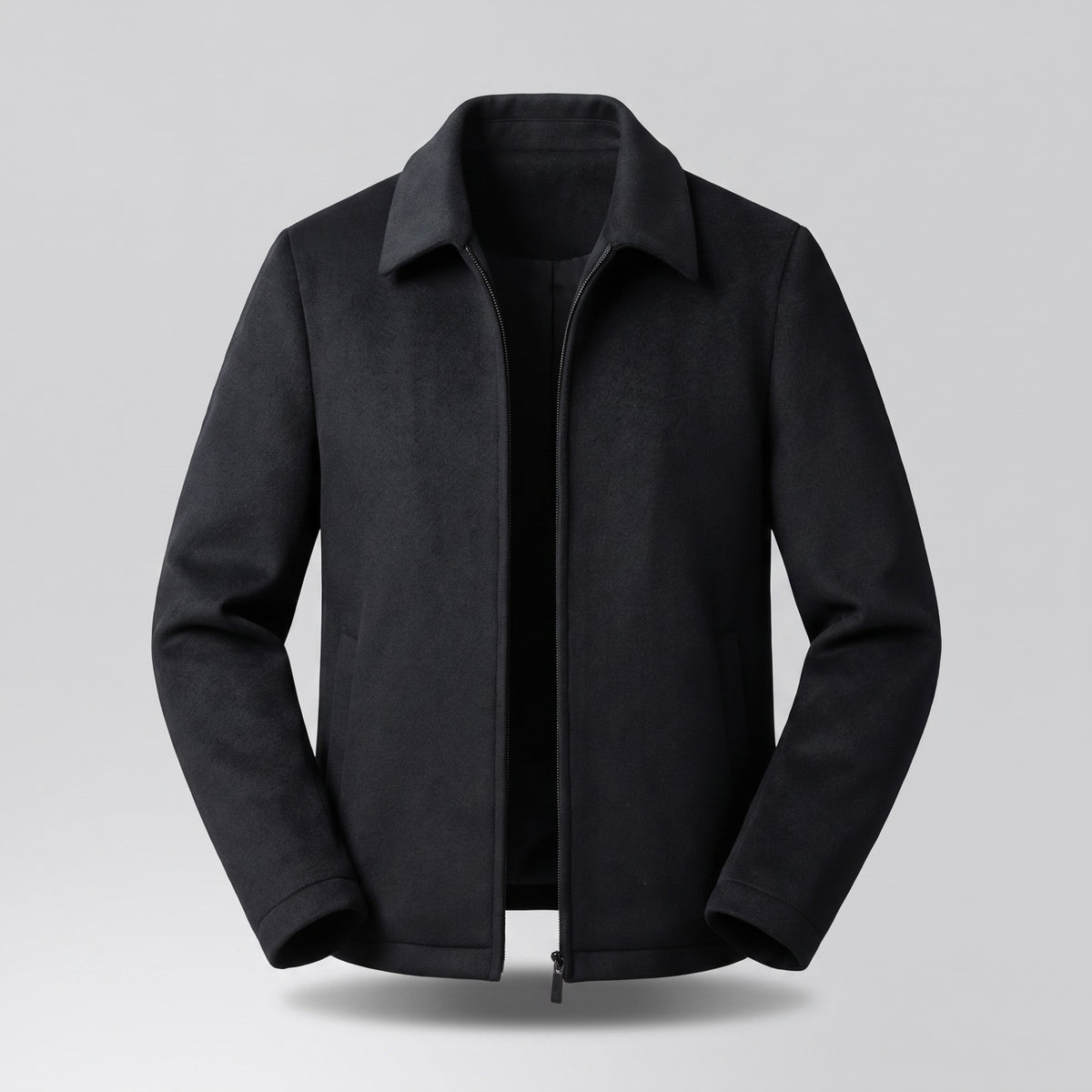 Men's short wool-look zip jacket with a spread collar - black