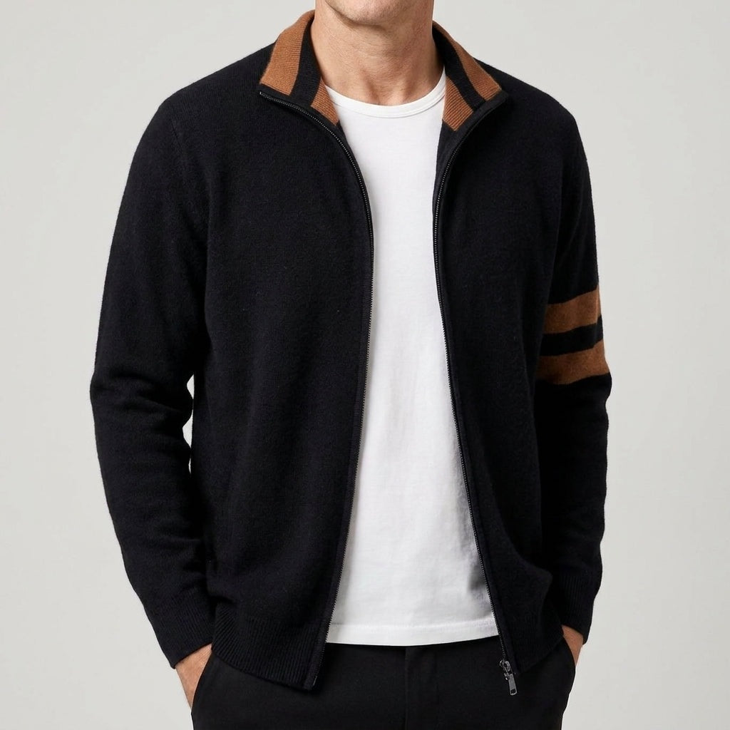Men's knitted zip cardigan with a contrast stand collar and sleeve stripes - view 2