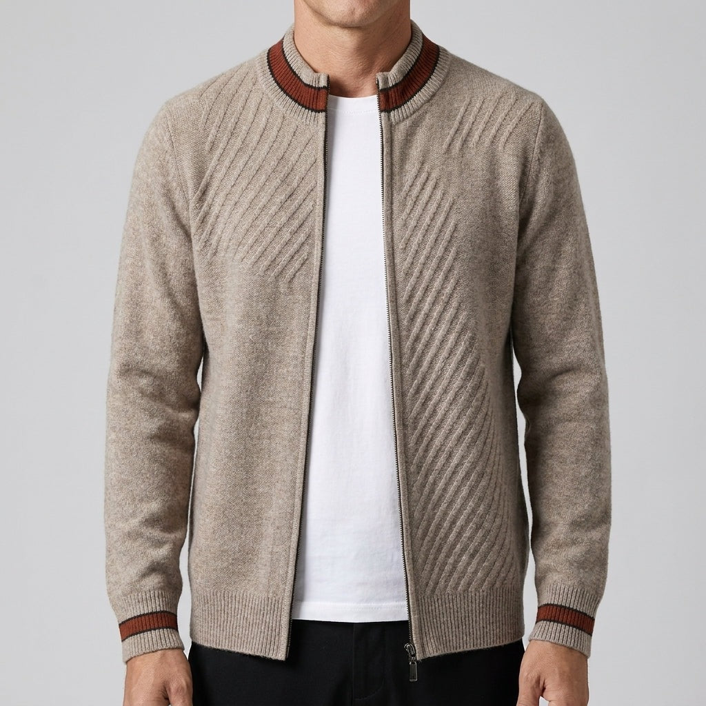 Men's knitted zip cardigan with diagonal ribs and a stripe on the collar and cuffs