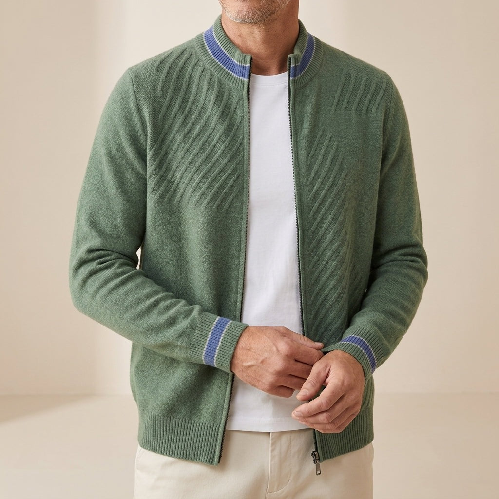 Men's knitted zip cardigan with diagonal ribs and a stripe on the collar and cuffs - view 2