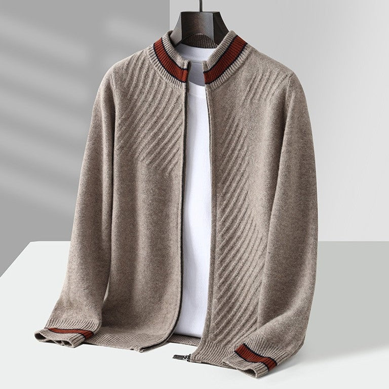 Men's knitted zip cardigan with diagonal ribs and a stripe on the collar and cuffs - taupe
